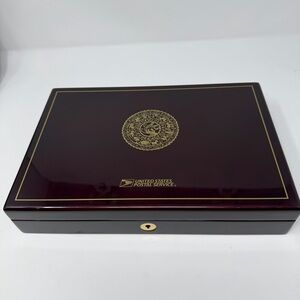 USPS Lunar New Year Stamps Display Box Only NO KEY Lacquered Reddish Wood Velvet